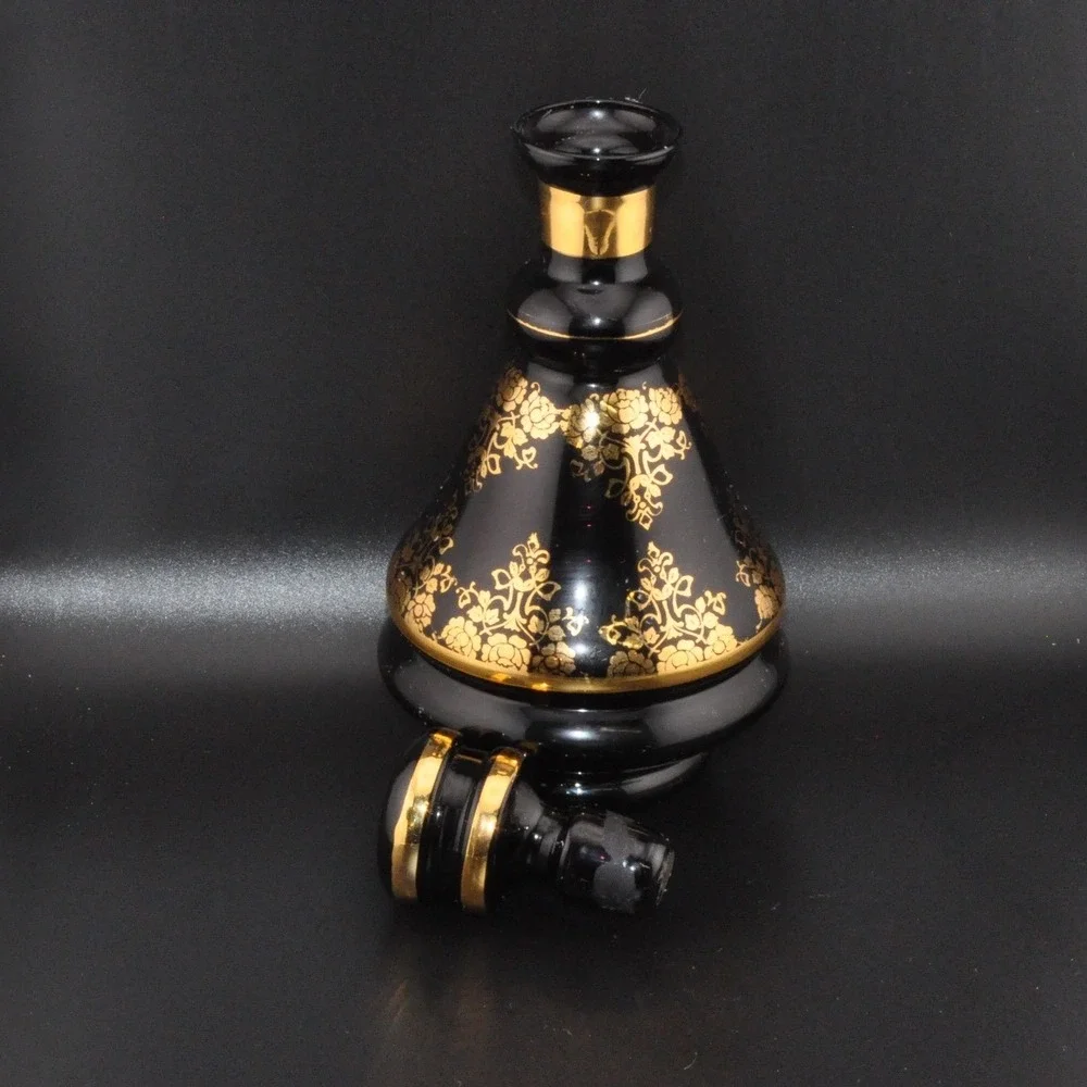 Vintage Italian Amethyst Glass Decanter Set‎ 7pc Black Gold Floral Excellent